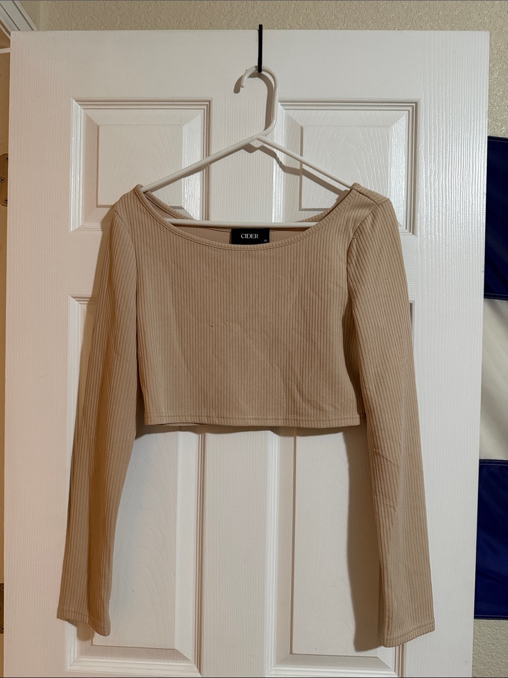 Cider Ribbed Long-Sleeve Crop Top in Beige